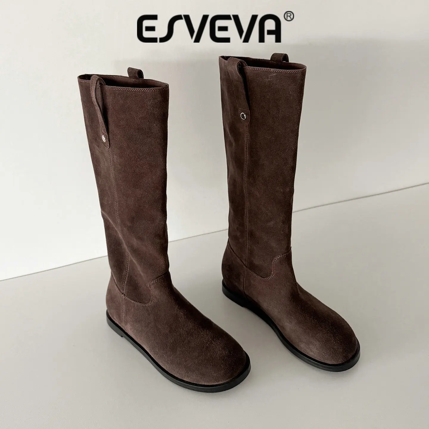 ESVEVA 2027 Fashion Women Knee High Boots Cow Suede Autumn News Flats Heels Shoes Winter Pleated Dress Western Long Boots 34-39