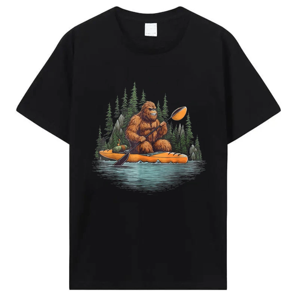Bigfoot Kayak Paddling Lake Canoe Bigfoot Sasquatch Kayaking T-Shirt Funny Outdoors High Quality Cotton Short-sleev Casual Tops