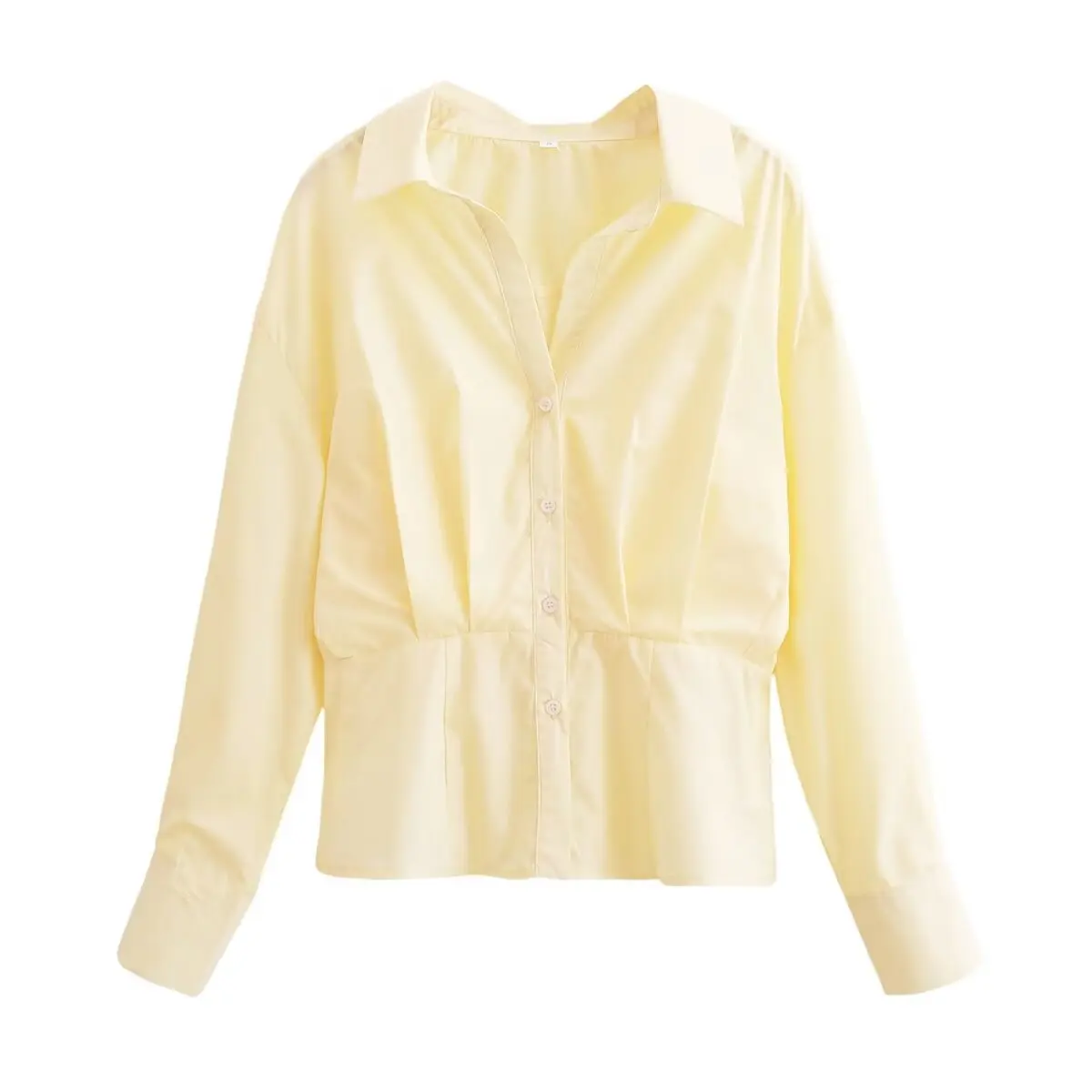 

ZBZA Women's Pleated Waist Shirt Lapel Long-sleeved Single-breasted Solid Commuter Cropped Blouse Spring Summer Female Chic Top