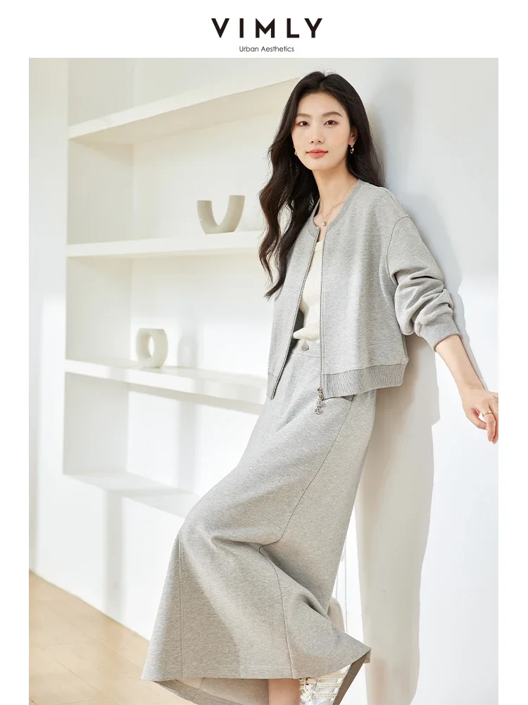 VIMLY Women\'s Simple Casual Solid Cardigan Sweatshirt Suit Autumn Long Straight Skirt Two-piece Set Female Office Lady SetM8301