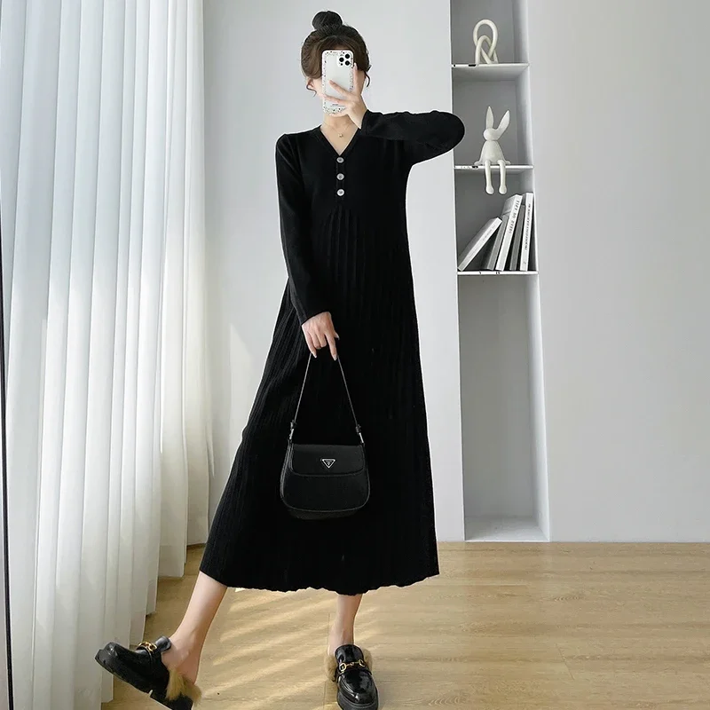 732# Autumn Winter Warm Knitted Maternity Long Dress Elegant A Line Slim Loose Clothes for Pregnant Women Pregnancy Sweaters
