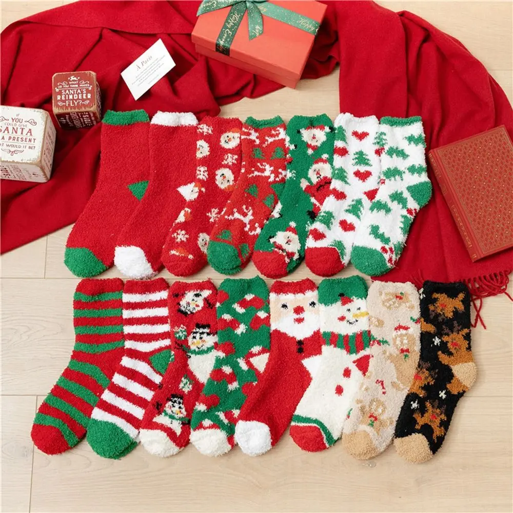 

Warm Soft Comfortable Stripe Pine Tree Heart Coral Fleece Santa Claus Women Short Socks Hosiery Christmas Socks Winter Socks