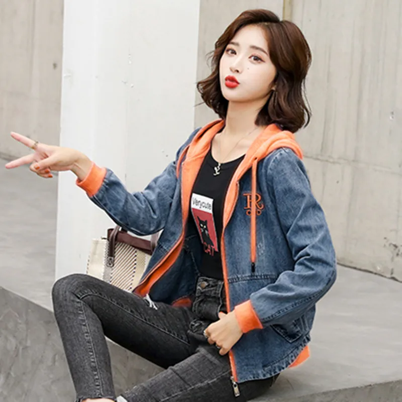 Slimming Effect High-End European Sle Women's Jaet Casual Embroidered Patchwork Hoodie Denim Outerwear ort Coat