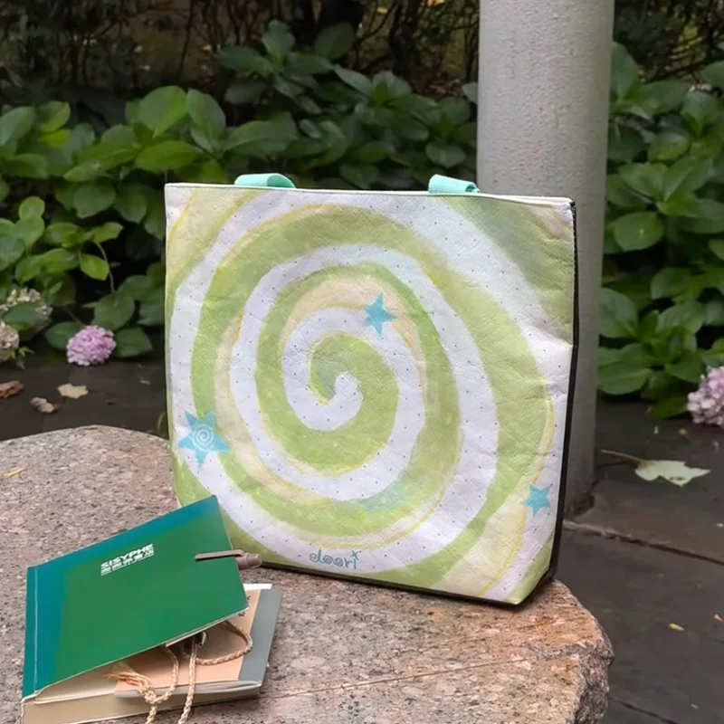 Women Fresh Artistic Spiral & Apple Clock Print Dupont Tyvek Paper Tote Bag Eco‑Friendly LargeCapacity Shoulder Shopping Handbag