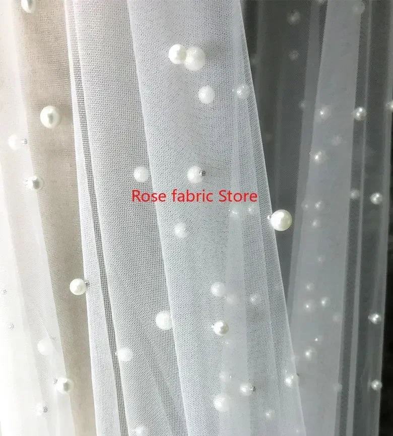 big and small Bead pearls lace fabric ivory soft tulle lace fabric for Party dress Wedding dress bridal veil lace 1 yard
