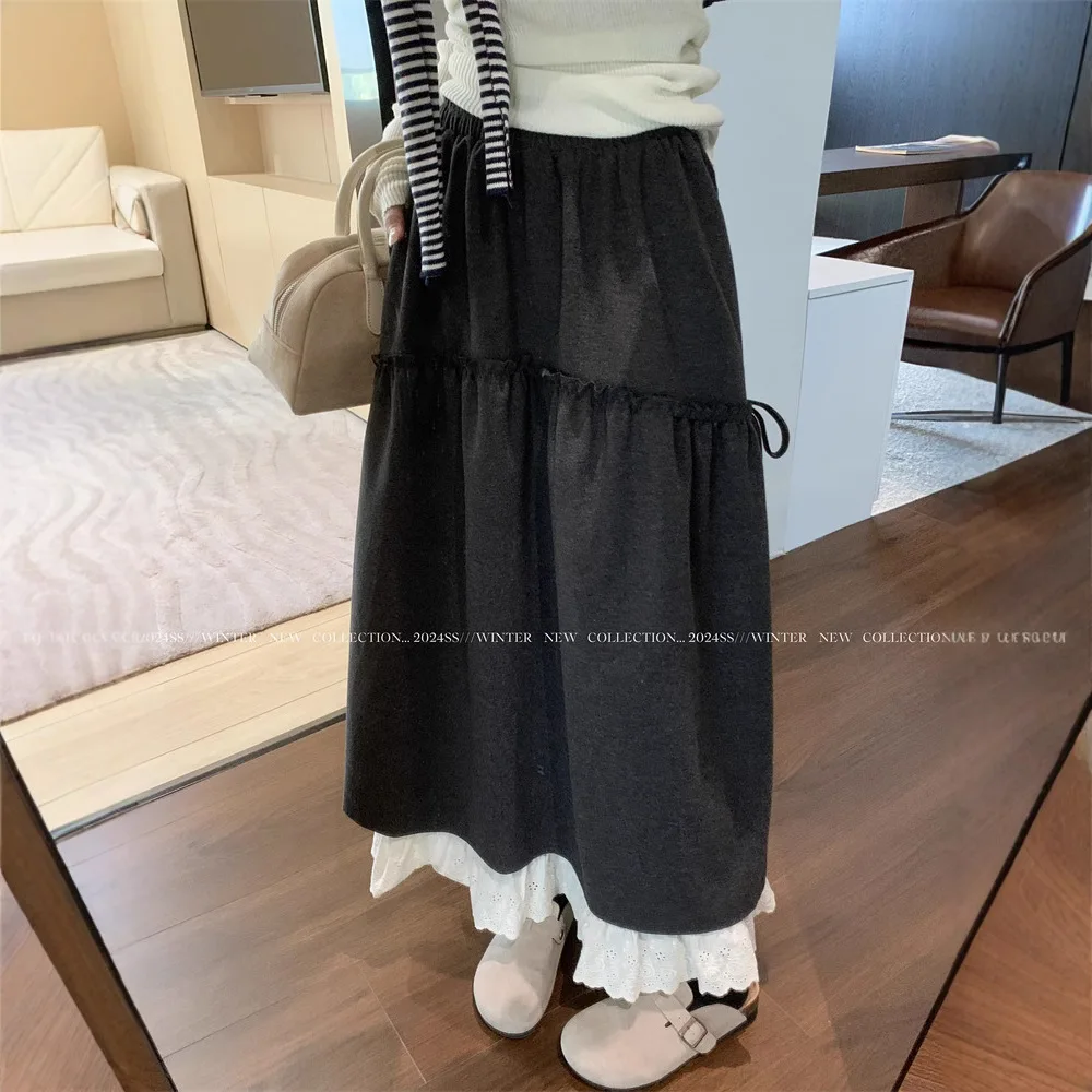 Elastic Waist Lace Splicing Skirt Women's 2025 Autumn and Winter New High Waist Thin A Word Medium and Long Skirt