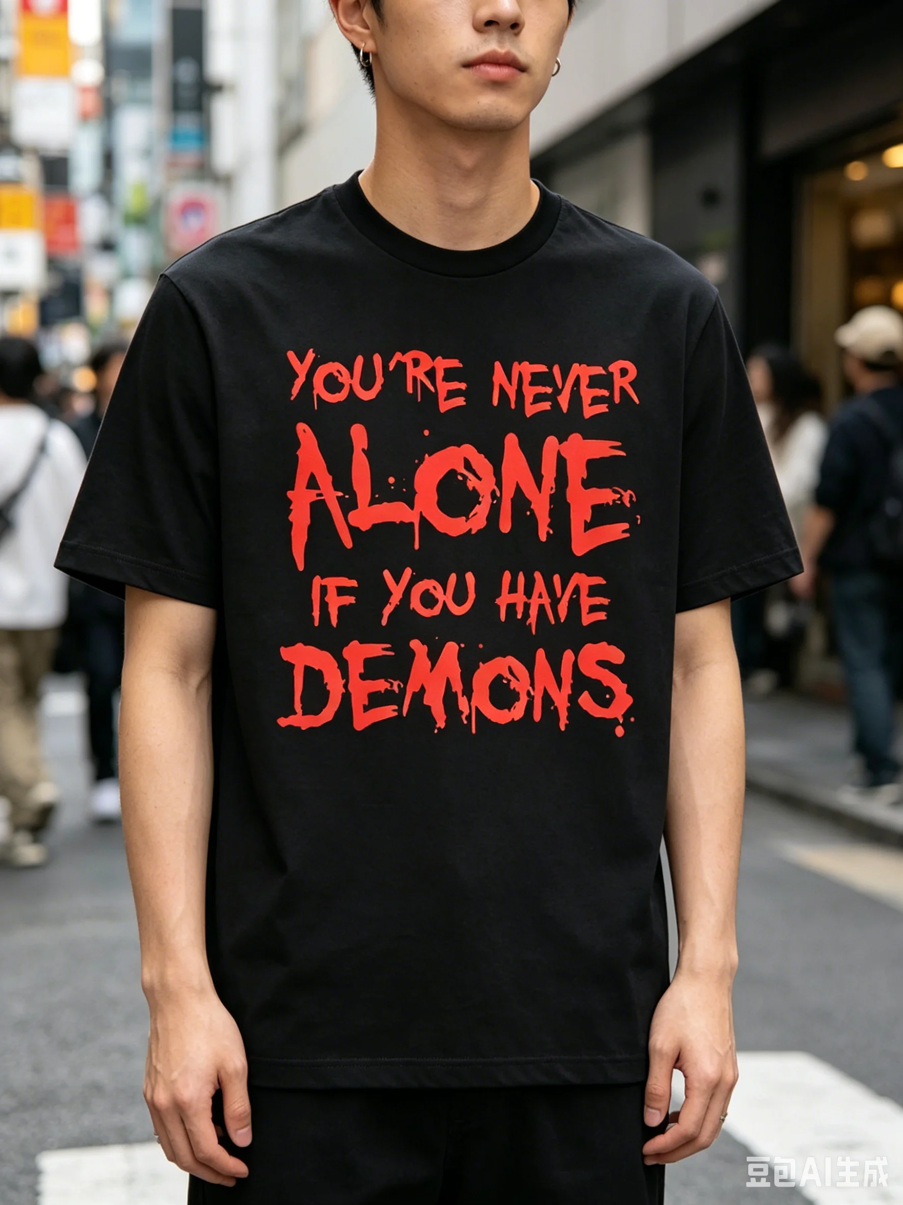 You're Never Alone If You Have Demons Black Print Back Cotton T-Shirt