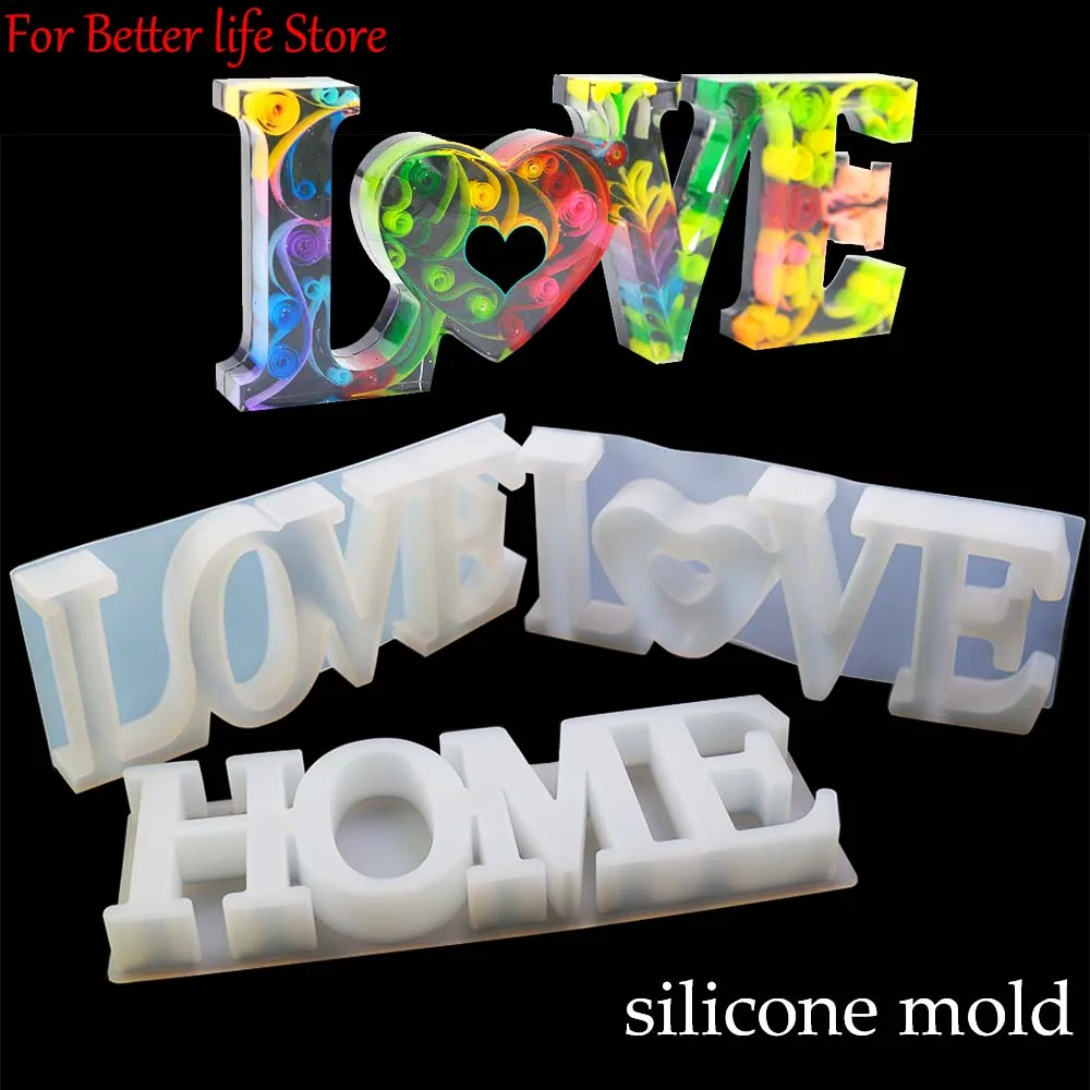 1 PC Heart Shape HOME LOVE Silicone Mould Letters Crystal Resin Mold DIY Crafts Casting MoldsHome Decoration Jewelry Making Tool