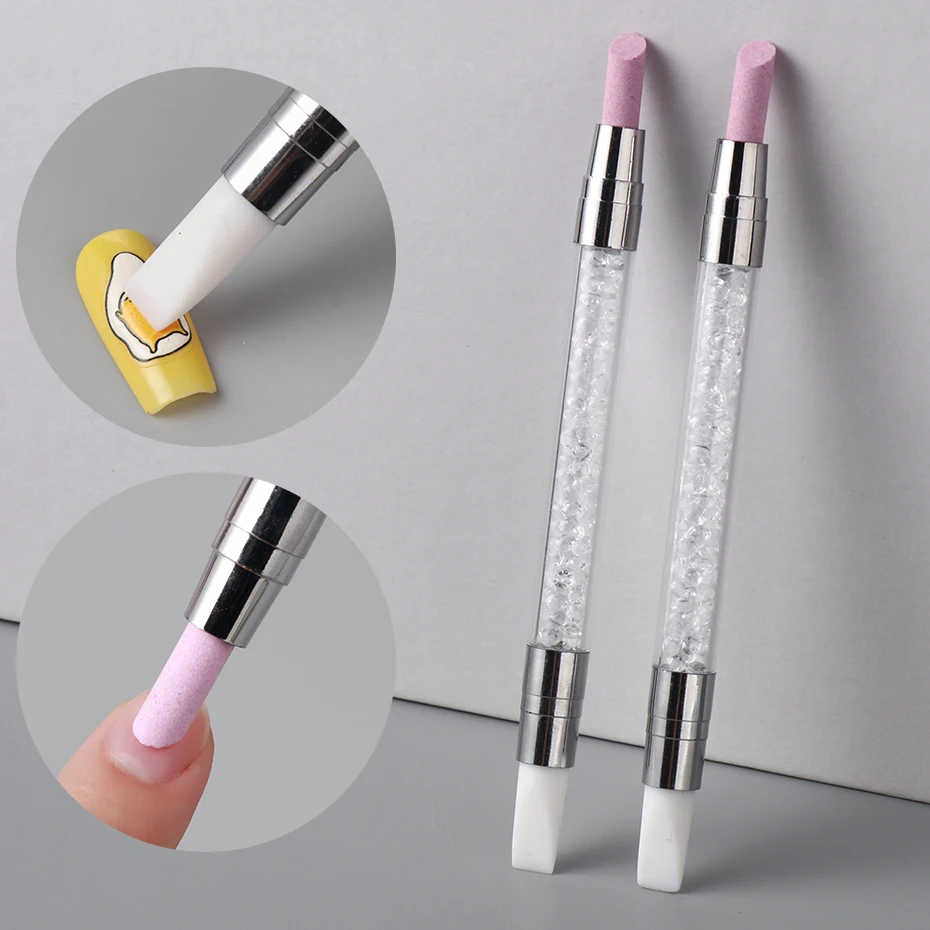 2 pezzi Penna per unghie a doppia testa Penna per molatura per unghie al quarzo viola Design per unghie Penna per unghie in silicone bianco Strumento multifunzionale