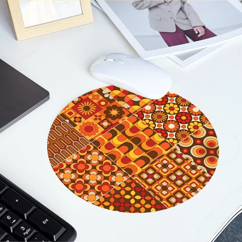 Groovy Orange Geometric Print circle small mouse pad desk pad rubber anti-slip edge locking laptop office mat pc accessories