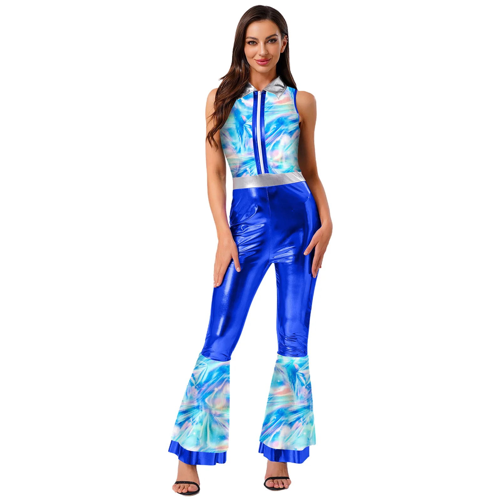 Women's Shiny Flared Jumpsuit Party Rompers Flares Metallic 70s 80s Disco Costume Hippie Outfit Pants Rave Clubwear Streetwear