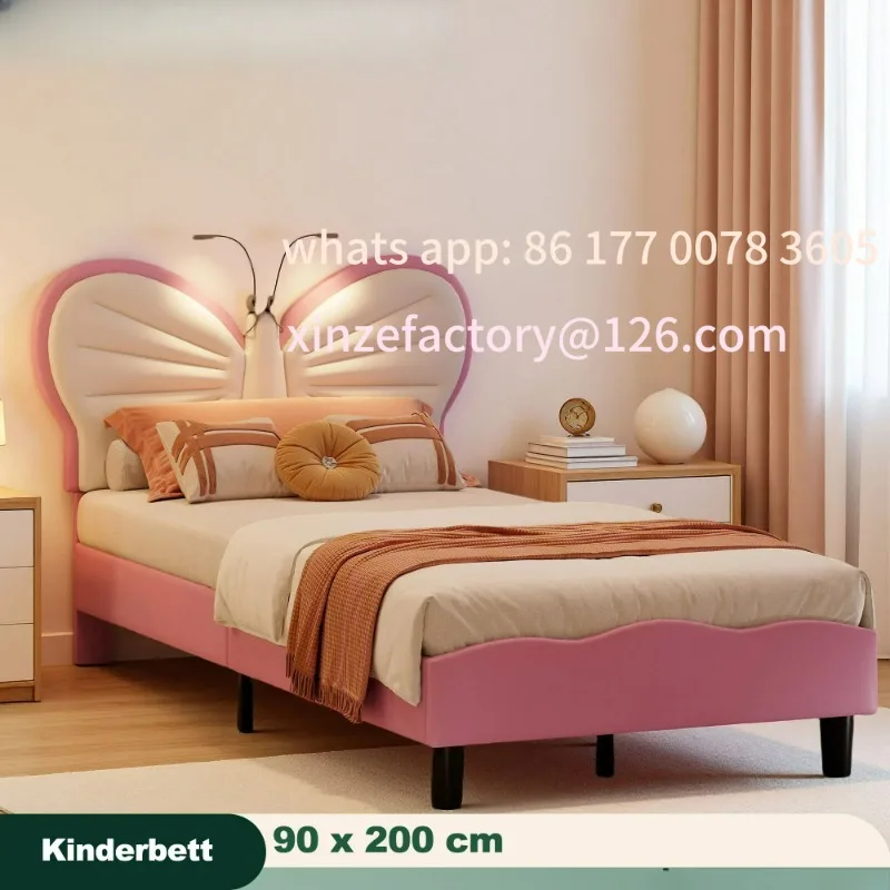 

Customizable Lazyspace Children's Bed Butterfly Headboard with LED Reading Light Velvet Upholstered Bed 90x200 cm Single Bed