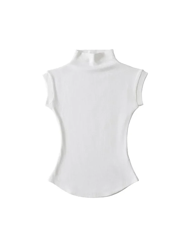 Women Summer Sexy Slim Fit Turtleneck Sleeveless T-Shirt Solid Casual Streetwear Basic Tee