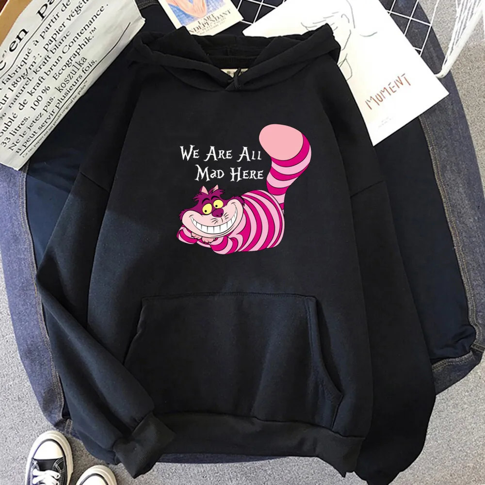 The Cheshire Cat Hoodie Sweatshirt Women Printing We Are All Mad Here Hoodies Cartoon Graphic Clothes Hoody Female Fashion Tops