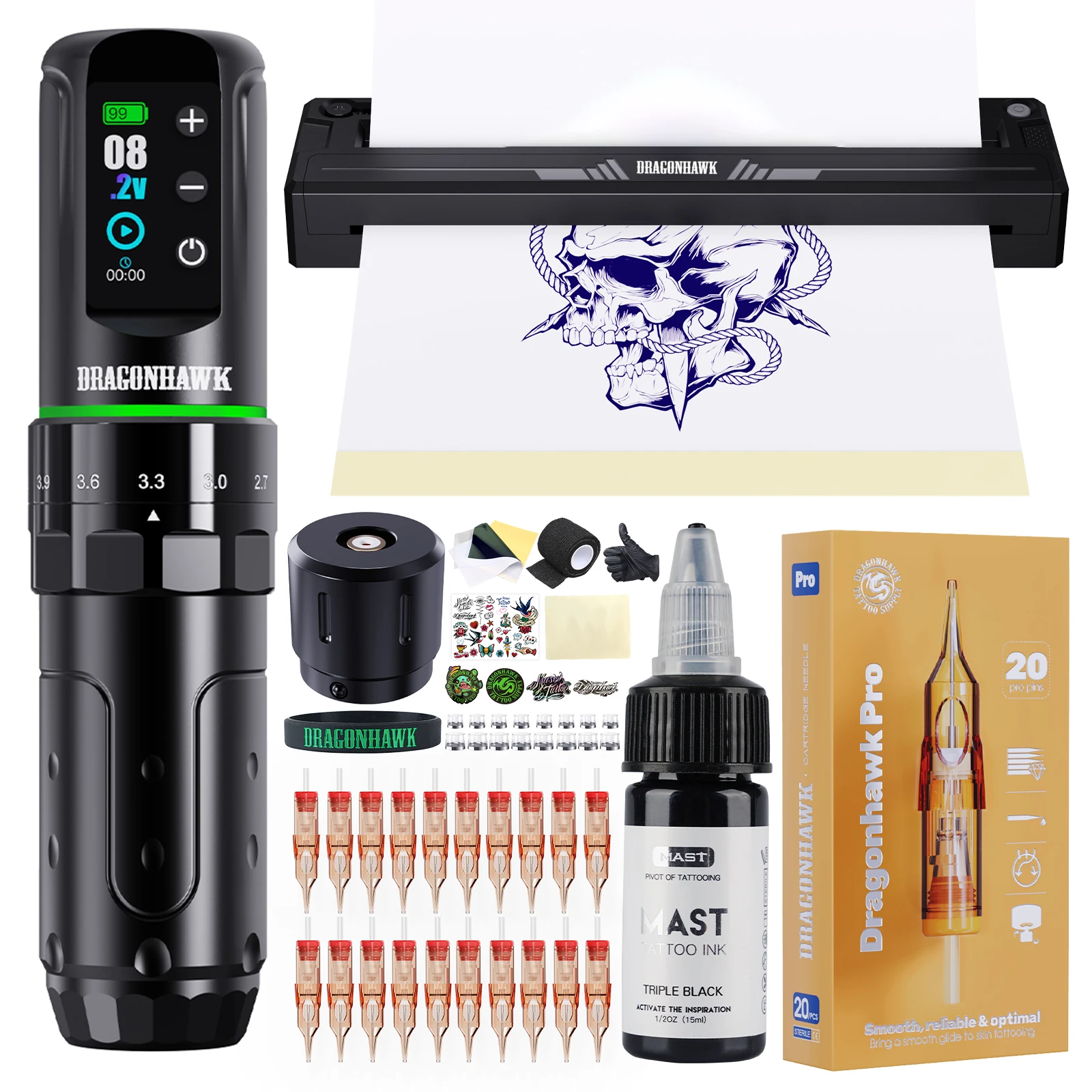 

Dragonhawk L3 Полная тату-машинка с комплектом беспроводная термопринтер для трафарета 7 мм хода низкая вибрация портативная тату-ручка для новичков