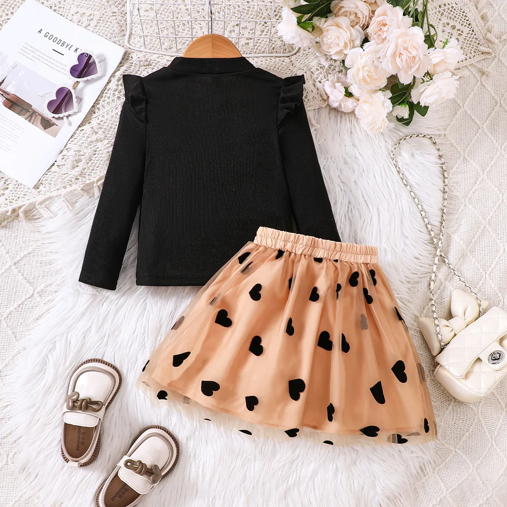 2024 Clothing Set Girls Long Sleeve O Neck Ruffles T-shirt Heart Khaki Skirts 2 Pcs Sets Casual Girls Clothes Set 4-7T