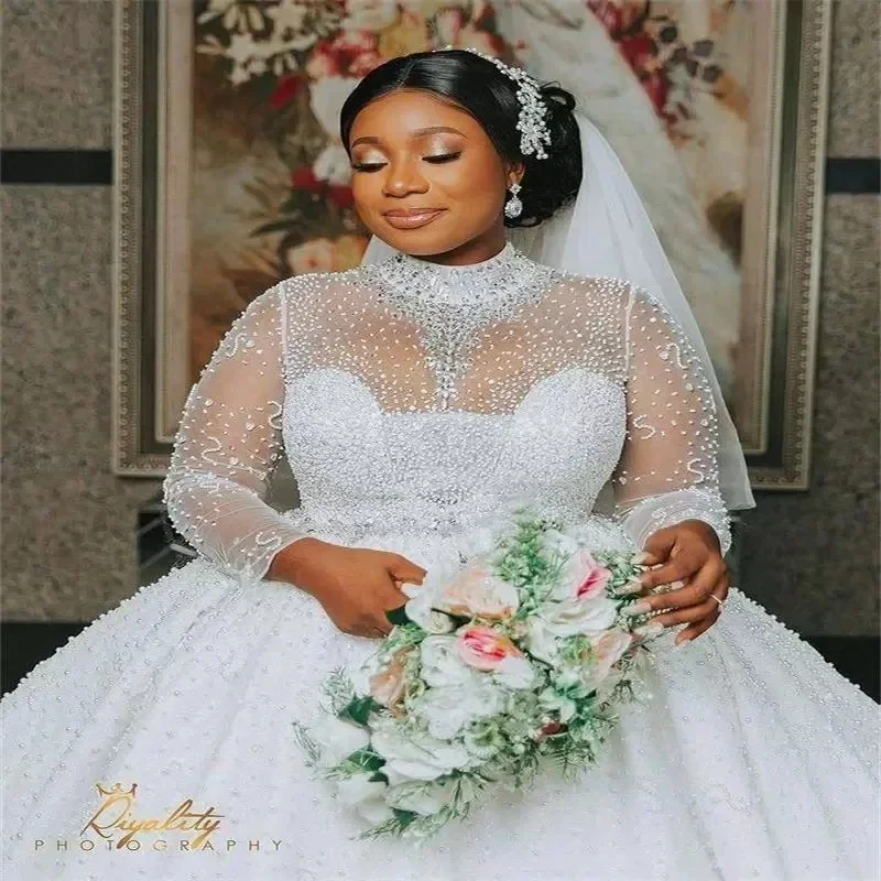 Customized Arabic Plus Size Wedding Dresses Bridal Gowns Beading Long Sleeve Crystal High Neck Sequined Vestidos De Novia