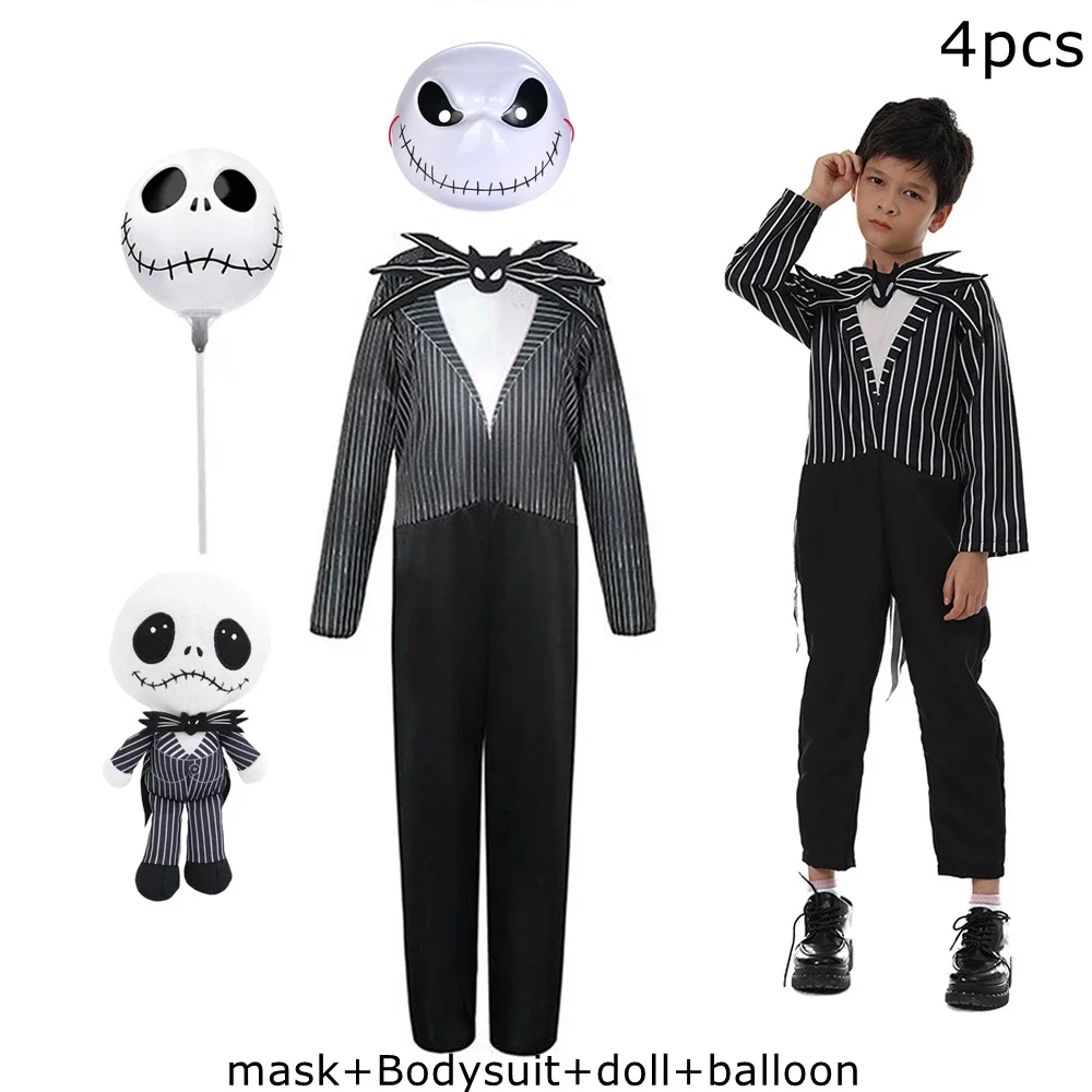Black Skull Jack Cosplay Boys Costume Bodysuit Suit Halloween Christmas For Kids Party Dress Up Carnival Clothes