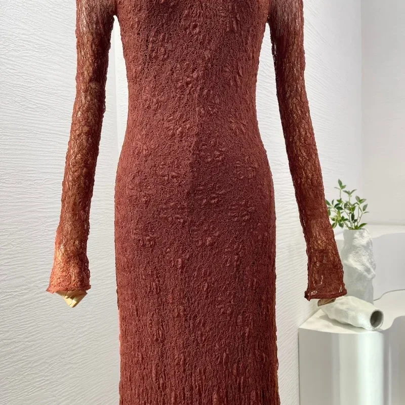 Women\'s Brown See Through Back Halter V Neck Knit Midi Dress, Elegant Summer Holiday Dress, High Quality Dresses, New Arrivals,