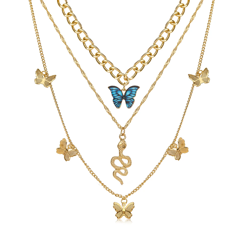2022 New Creative Simple Temperament Women\'s Necklace Lovely Atmosphere Blue Butterfly Snake Necklace 3-piece Set