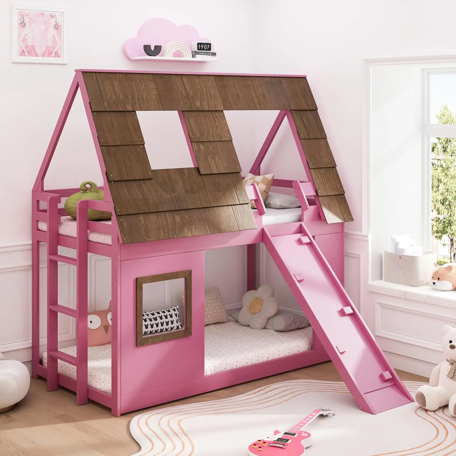 Softsea Floor Low House Bunk Bed For Kids, Twin Size House Bunk Bed With Window Roof Shape Design, Wood Bunk Bed With Ladder