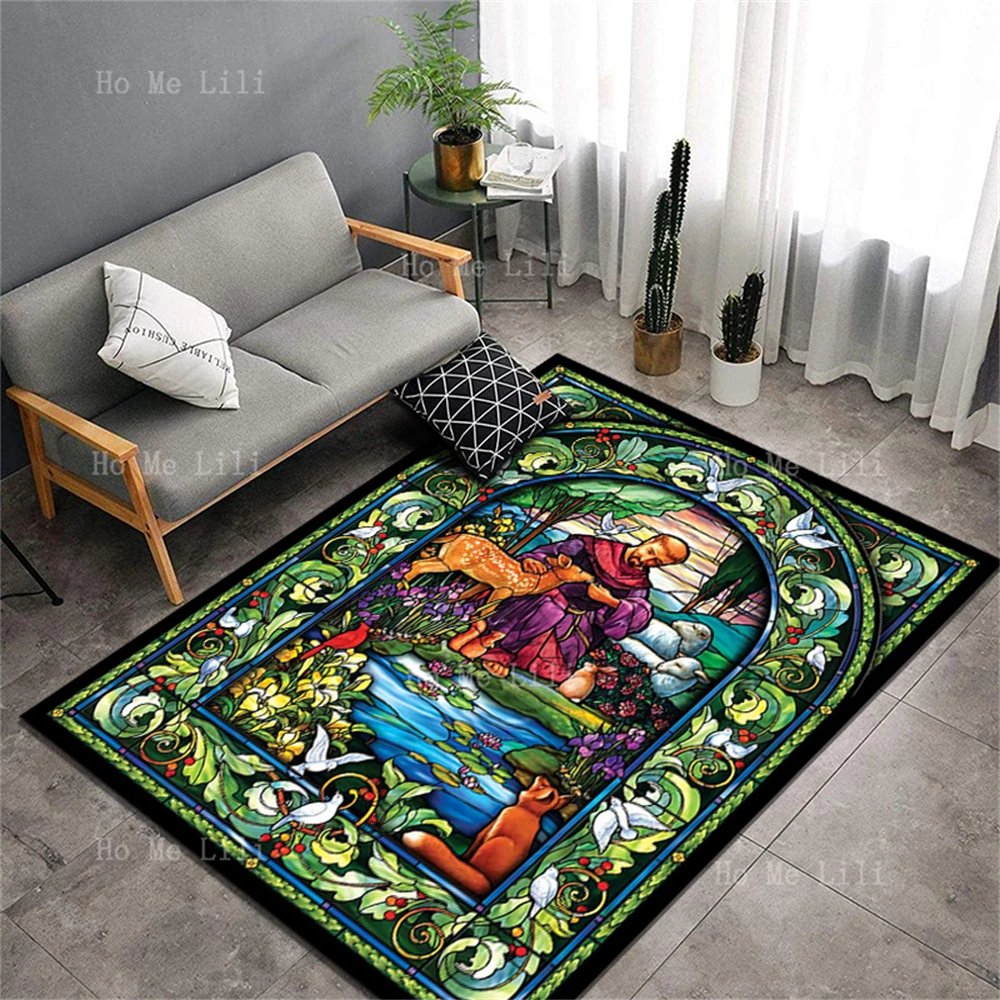 St. Francis Stained Glass Animals Sika Deer Sheep And Fox Carpet Floor Decorated Living Room Kitchen Bedroom Gard