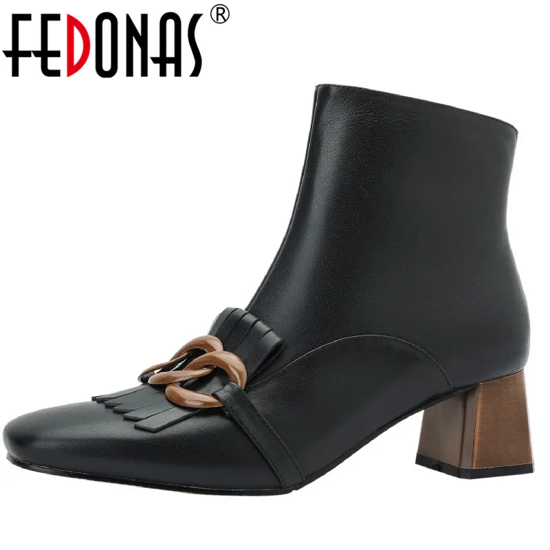 

FEDONAS Vintage Women Ankle Boots Office Ladies Fringe Chain Genuine Leather Thick Heeled Square Toe Shoes Woman Autumn Winter