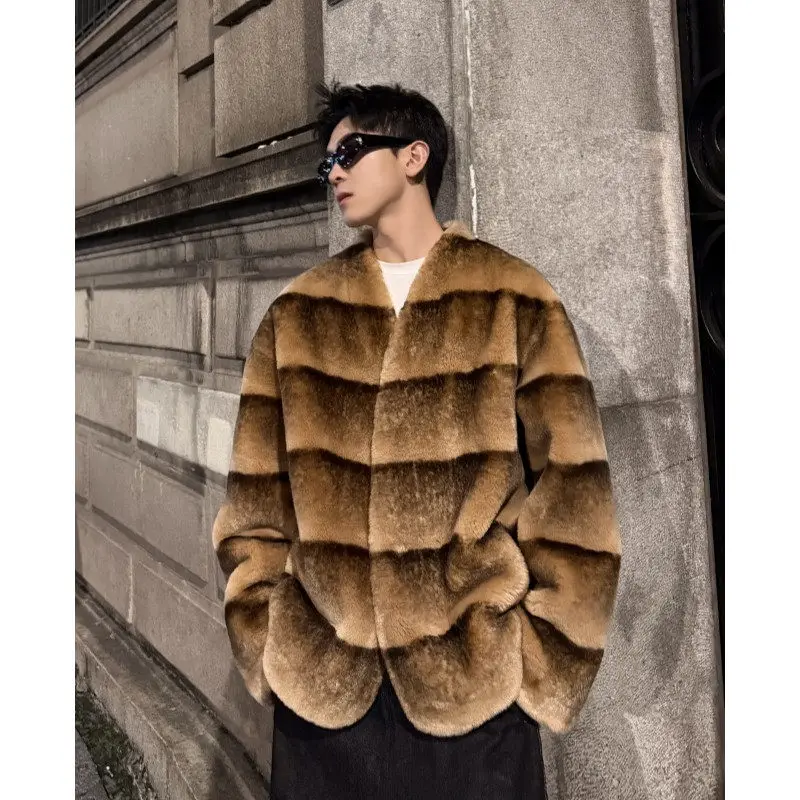 

American Style Luxury Short A-Line Rabbit Fur Coat Unisex Winter Outerwear Warm Polyester Fabric Long Sleeve Button Closure