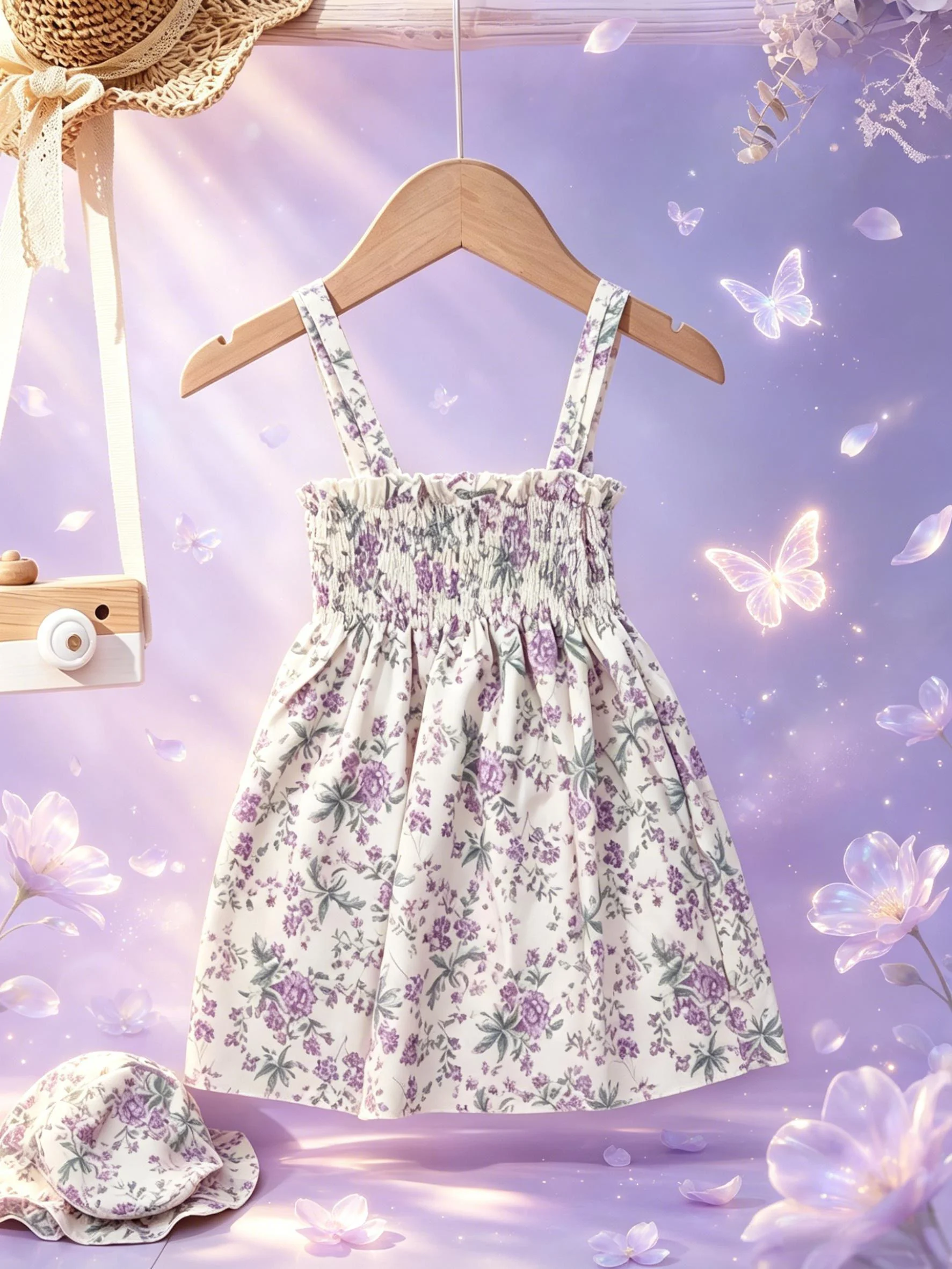 Fresh Floral Print Girls Cami Outfit, Shirred Waist Dress + Same Pattern Bucket Hat Two-Piece Set