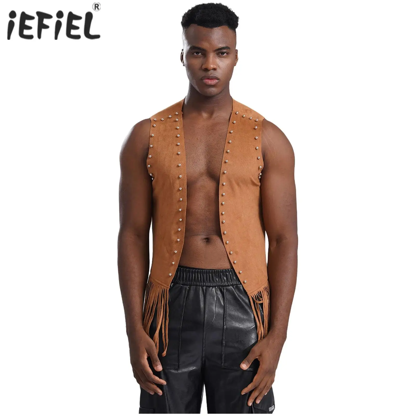 

Mens Cowboy Cosplay Vest Plus Size Loose Fringe Waistcoat Faux Suede Rivets Sleeveless Tassel Jacket Fashionable Coat Costume