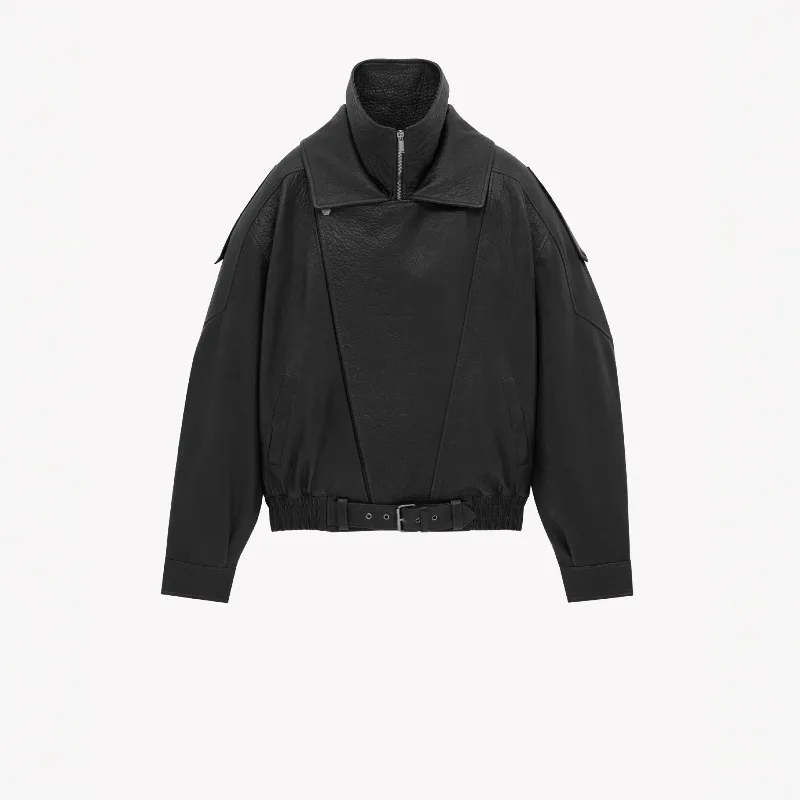 

Осенняя высококачественная кожаная куртка в стиле ретро с воротником-стойкой и короткой талией, изысканный дизайн, простой повседневный индивидуальный дизайн