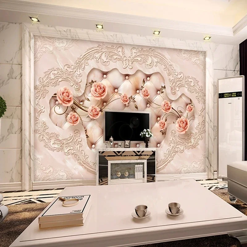 Custom Luxury Marble 3D Soft Package Flowers Wall Cloth Wallpaper For Living Room Background Wall Home Decor Mural  Papier Peint