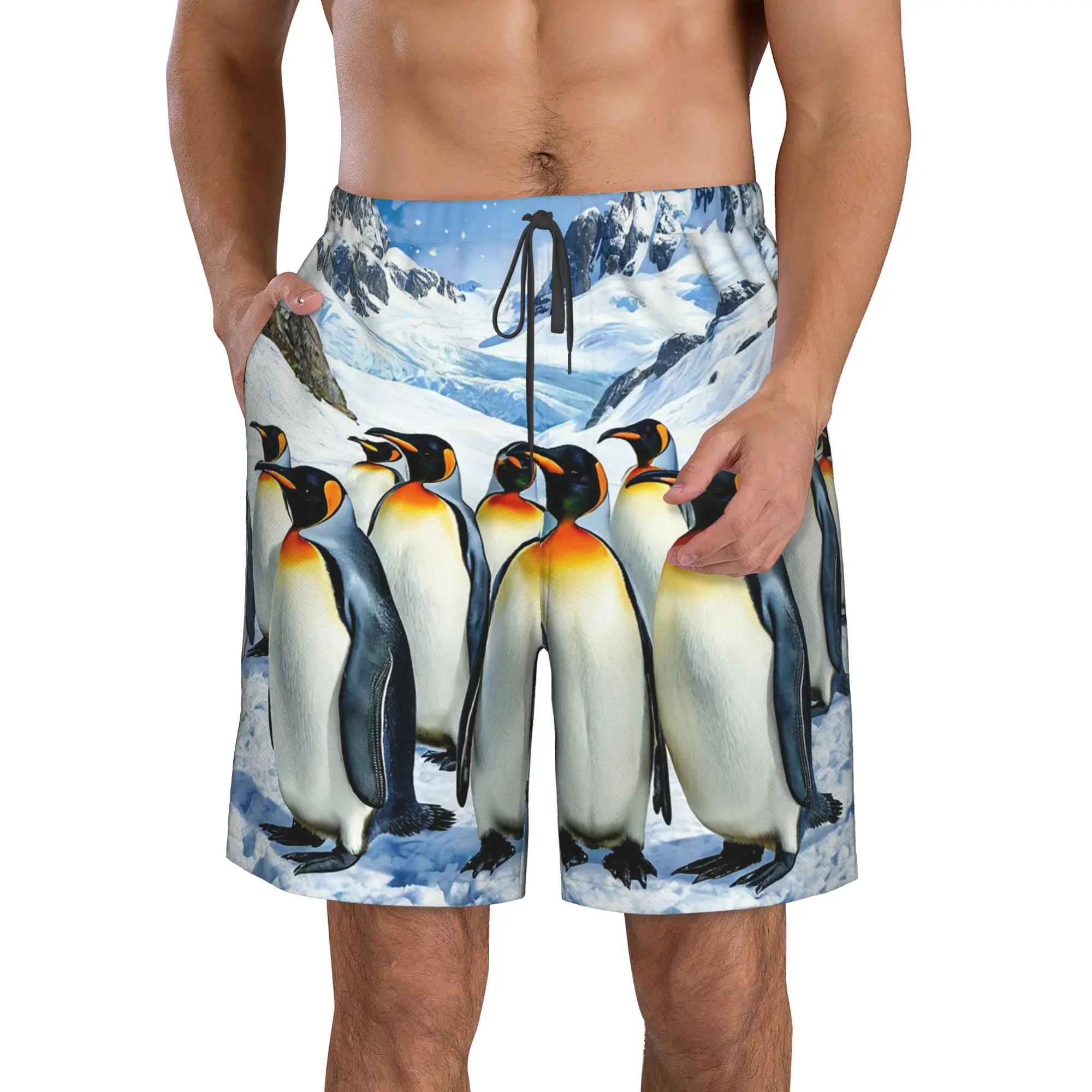 Polar Penguin Ice Surface Penguin Pattern Trunks Beach Board Shorts Casual Quick Dry Swim Summer Men Pants