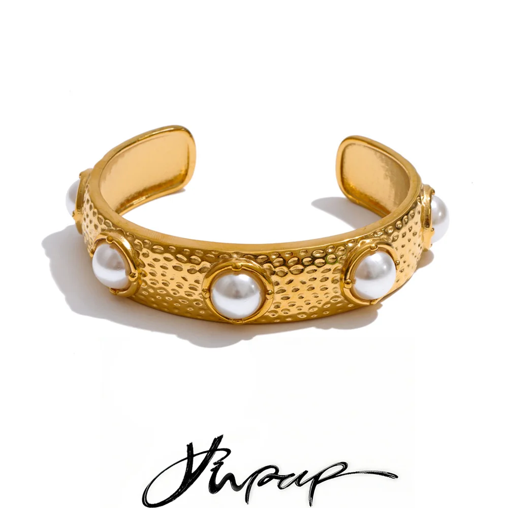 Yhpup 61mm Stainless Steel Imitation Pearls Cuff Open Bracelet Bangle 18K Gold Color PVD Plated Statement Chic Wrist Jewelry