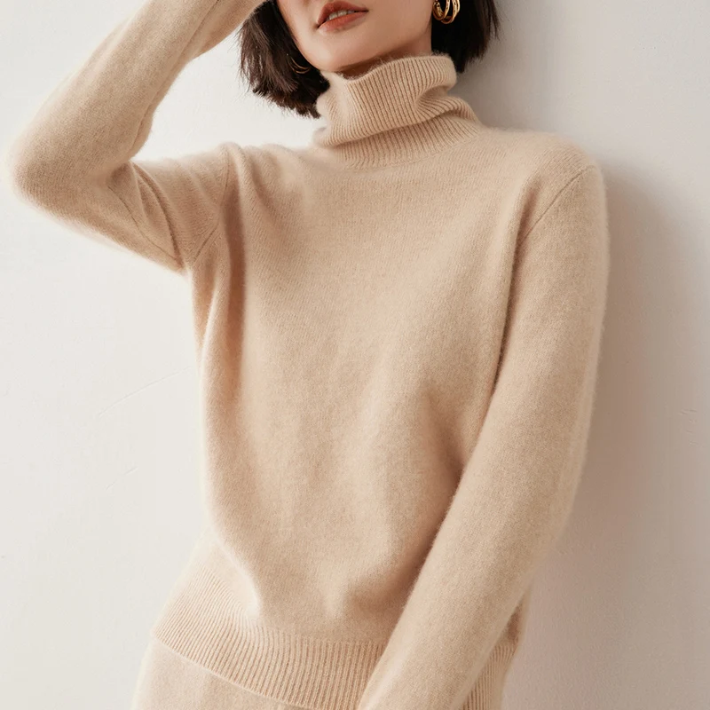 Women's High Neck Goat Cashmere Sweater Long Sleeved Solid Color Basic Multi-Functional Pullover Winter High-Quality Knit Jumper