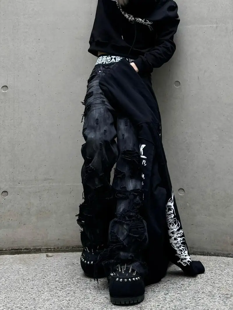 

American High Street Retro Wax Coated Denim Jeans Women Summer Spicy Girl Heavy Du Ripped Long Pants High Waist Wide Leg