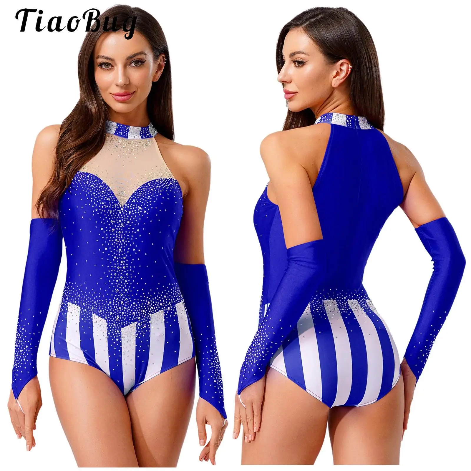 

Womens Circus Ringmaster Costume Fancy Rhinestone Striped Leotard Bodysuit +Gloves Halloween Gymnastics Figure Skating Dance Set