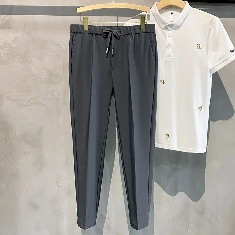 New Hot Sale Men's Tied Waistband No-Iron Straight Leg Casual chic Trousers Spring Autumn Solid Color Slim Fit Trendy Pants