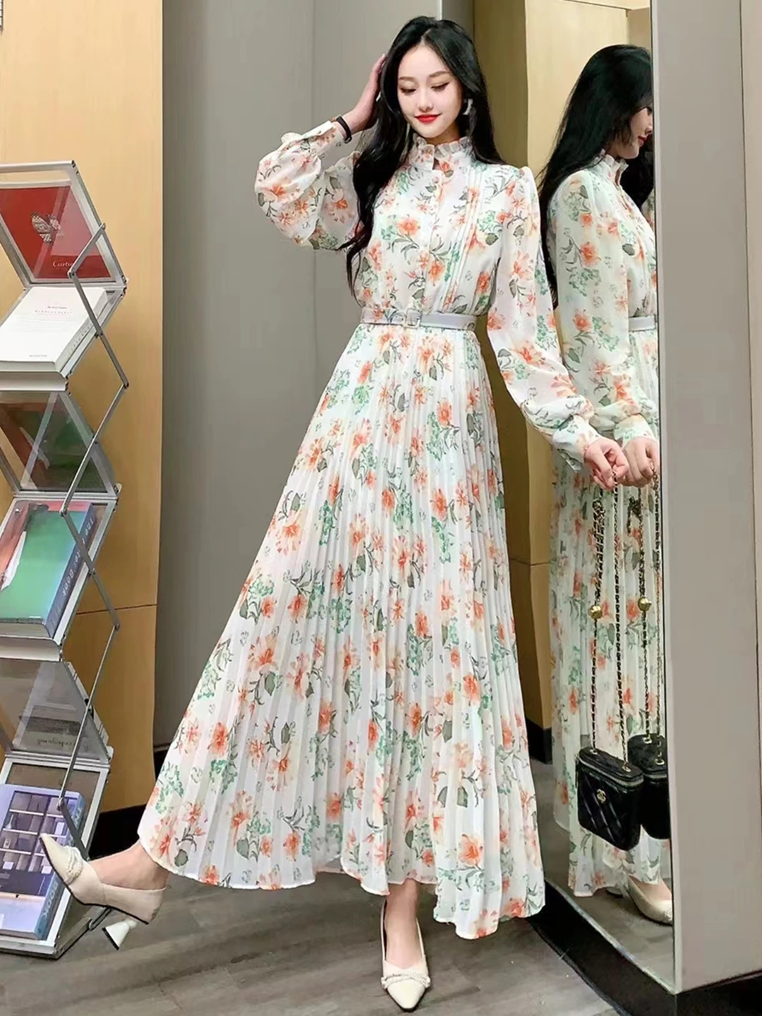 2024 New Spring Autumn Women Ruffled Collar Long Sleeve Belt Slim Long Dress Sweet Pleated Big Hem Chiffon Floral Dress