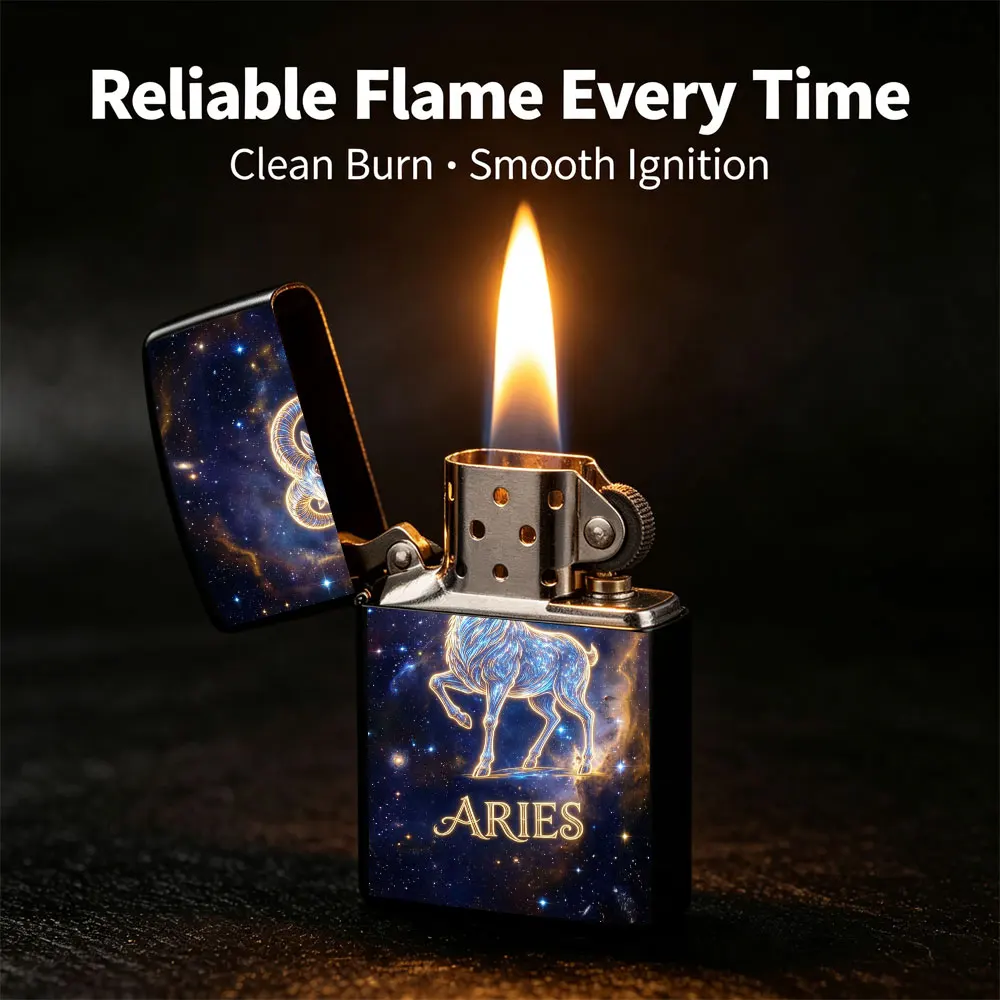 Pocket Lighter, Flip Top Design, Aries Zodiac Sign with Starry Sky Background, Metal Case, Windproof Flame, Comfortable Grip, Portable Durable, Men's Gift, Refillable