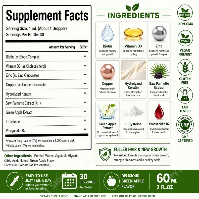 Googeer Hair Skin Nails Liquid Drops Daily Support with Biotin Keratin Saw Palmetto Vitamin D3 Zinc Copper 60ML