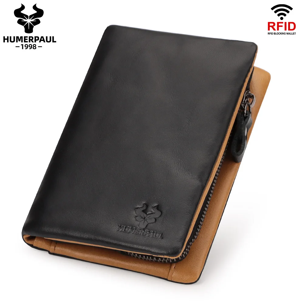 HUMERPAUL Men's Wallet Genuine Leather Money Purses with RFID Multi-Card Slots and ID Window Leisure Handbag