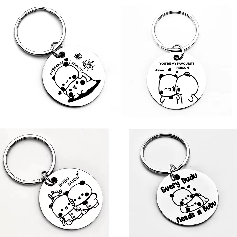 Four adorable panda-themed stainless steel couple keychains – the perfect gift for friends.