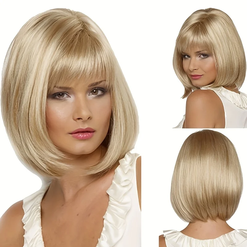 

Light Golden Straight Hair Wig Middle-aged Elderly Women Bob Cut Short Full Head Synthetic Natural Style Essential Daily Outings