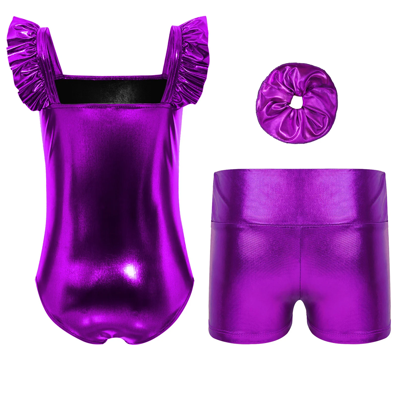 Teen Girls Ballet Dance Gymnastics Outfit Sleeveless Metallic Shiny Leotard Jumpsuit And Shorts Hairband Skating Costume Unitard