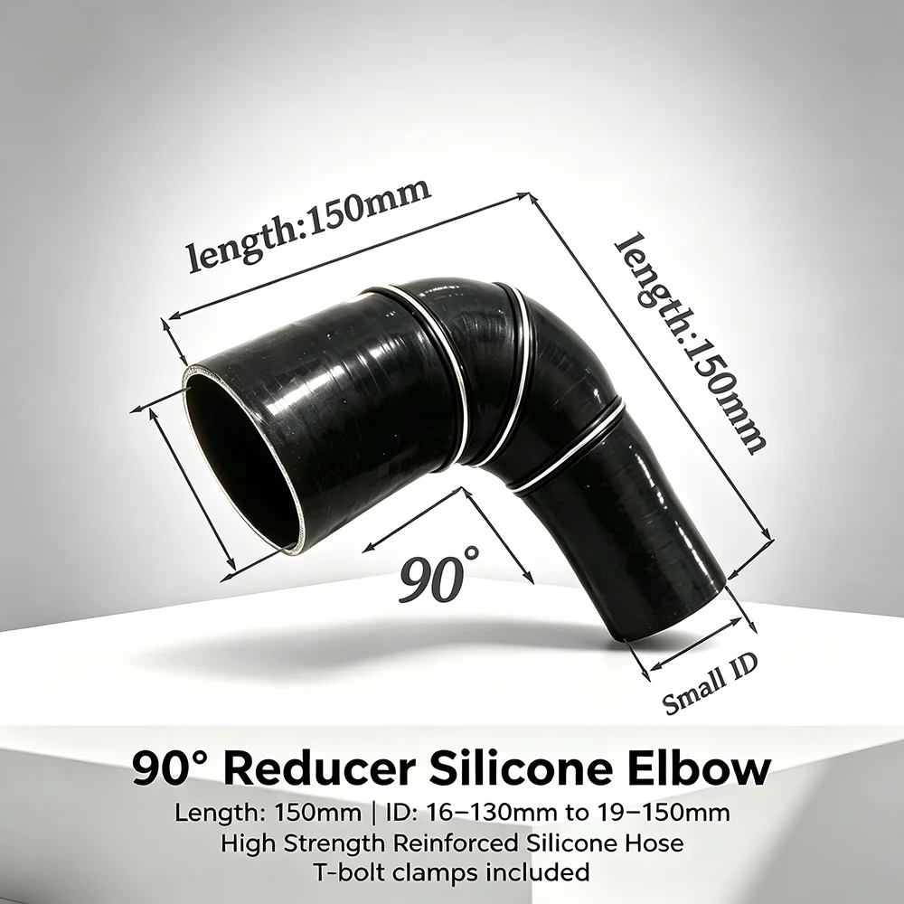 Black flexible silicone hose 90 degree reducing elbow, suitable for cooling liquid intercooler turbine right angle ID 16-130mm