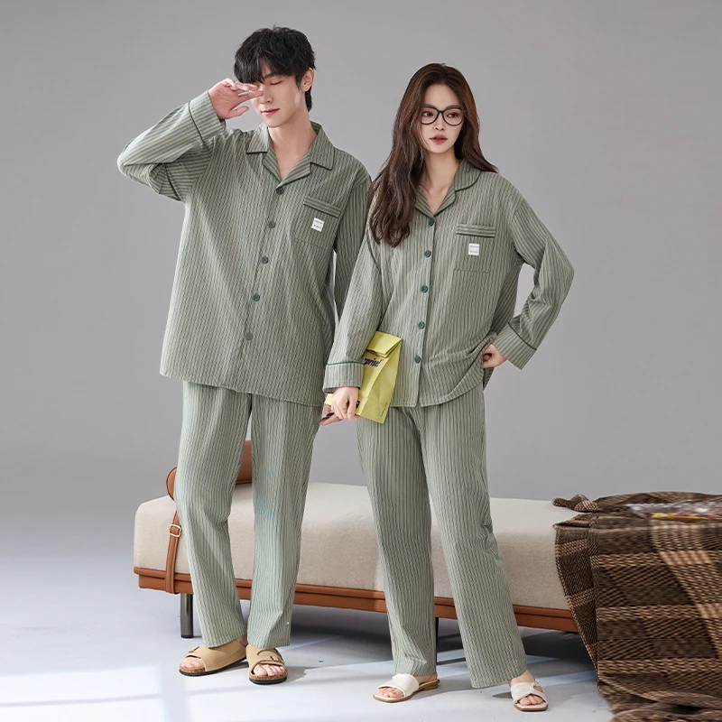 High Quality Couple Pajamas Set Spring And Autumn 100% Cotton Pyjamas Women and Men Turn-down Collar Pijama