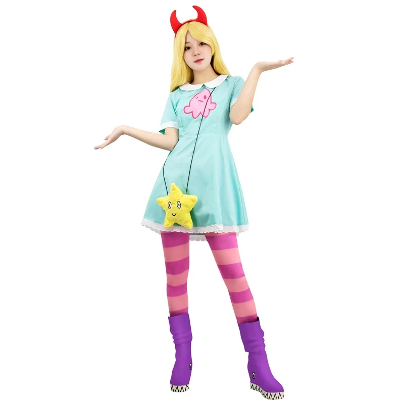 Dazcos Damen Star Cosplay Kostüm Outfit Horn und Tasche Prinzessin Star Erwachsene Frauen Mädchen Lolita Kleid Cosplay Kostüm mit Stern Tasche