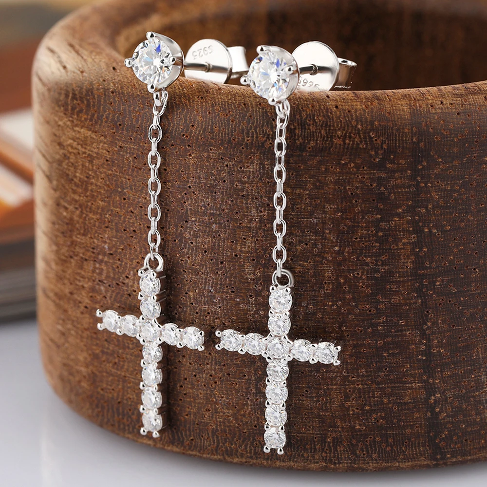 

Full Moissanite Dangle Earrings for Women Certificate Lab Diamond 925 Sterling Silver Chain Long Link Cross Drop Earring Jewelry