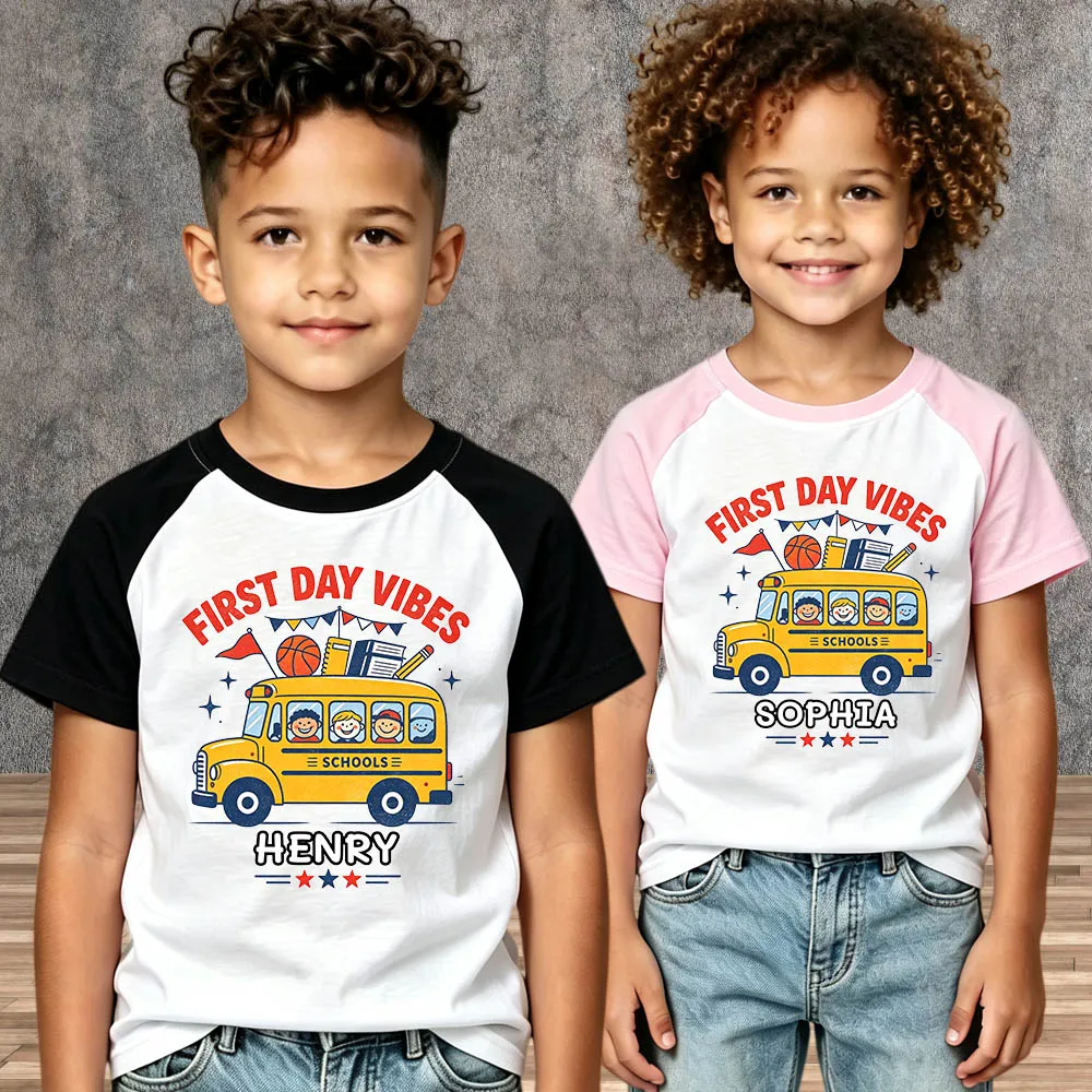 Boys Girls Kids Custom Name Back To School Tee Shirt School Bus Print Toddler First Day of School Kindergarten T‑Shirt Outfit